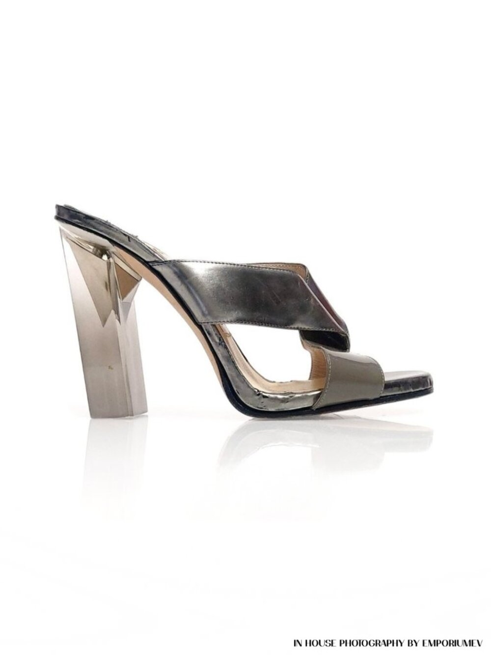 Jimmy Choo Taris Silver Patent Mirror Leather Mules Sandals